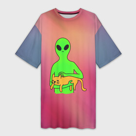 Платье-футболка 3D с принтом Пришелец с котом в Белгороде,  |  | alien | invaders | гуманоид | день космонавтики | инопланетянин | космос | кот | неон | пришелец