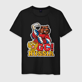 Мужская футболка хлопок с принтом Хоккей. Вперед Россия. в Белгороде, 100% хлопок | прямой крой, круглый вырез горловины, длина до линии бедер, слегка спущенное плечо. | Тематика изображения на принте: hockey | russia | клюшка | краснаямашина | россия | сборная | хоккей | шайба
