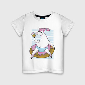 Детская футболка хлопок с принтом Chilling Unicorn в Белгороде, 100% хлопок | круглый вырез горловины, полуприлегающий силуэт, длина до линии бедер | Тематика изображения на принте: art | cocktail | donut | drawing | unicorn | арт | единорог | коктейль | пончик | рисунок