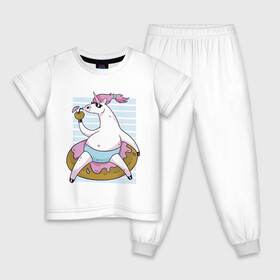 Детская пижама хлопок с принтом Chilling Unicorn в Белгороде, 100% хлопок |  брюки и футболка прямого кроя, без карманов, на брюках мягкая резинка на поясе и по низу штанин
 | Тематика изображения на принте: art | cocktail | donut | drawing | unicorn | арт | единорог | коктейль | пончик | рисунок