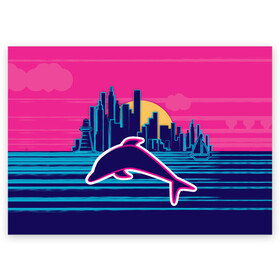 Поздравительная открытка с принтом Ретро дельфин в Белгороде, 100% бумага | плотность бумаги 280 г/м2, матовая, на обратной стороне линовка и место для марки
 | город | дельфин | закат | море | ретро