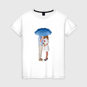 Женская футболка хлопок с принтом Любовь в Белгороде, 100% хлопок | прямой крой, круглый вырез горловины, длина до линии бедер, слегка спущенное плечо | женщина | зонтик | любовь | мужчина | пара