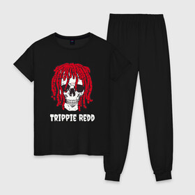 Женская пижама хлопок с принтом TRIPPIE REDD в Белгороде, 100% хлопок | брюки и футболка прямого кроя, без карманов, на брюках мягкая резинка на поясе и по низу штанин | 1400 | big | rap | red | redd | trippie | ред | редд | рэд | рэдд | триппи