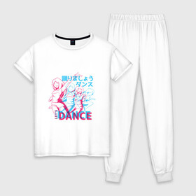 Женская пижама хлопок с принтом Anime Neon Dance в Белгороде, 100% хлопок | брюки и футболка прямого кроя, без карманов, на брюках мягкая резинка на поясе и по низу штанин | Тематика изображения на принте: 3d | 3д | anaglyph | anime | cyan | girl | girls | japan | japanese | lets dance | manga | анаглиф | давайте танцевать | девочки | девушки | кандзи | манга | неоновая графика | неоновые огни | неоновый принт | символы | танец | танцы
