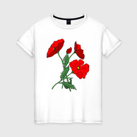 Женская футболка хлопок с принтом Букет маковых цветов в Белгороде, 100% хлопок | прямой крой, круглый вырез горловины, длина до линии бедер, слегка спущенное плечо | flowers | nature | poppies | алые | арт | букет | бутоны | весна | ветки | зелень | красные маки | красные цветы | лепестки | лето | листья | любовь | маки | подарок | полевые цветы | природа | растения | рисунок | сад