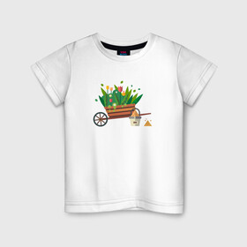 Детская футболка хлопок с принтом Тележка с цветами в Белгороде, 100% хлопок | круглый вырез горловины, полуприлегающий силуэт, длина до линии бедер | ведро | растения | рисунок | садоводство | тележка с цветами | цветы