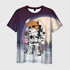 Мужская футболка 3D с принтом Catronaut в Белгороде, 100% полиэфир | прямой крой, круглый вырез горловины, длина до линии бедер | moon | арт | день космонавтики | звезды | космонавт | космос | лого | луна | небо | планеты