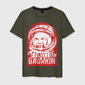 Мужская футболка хлопок с принтом Быть первым как Юрий Гагарин в Белгороде, 100% хлопок | прямой крой, круглый вырез горловины, длина до линии бедер, слегка спущенное плечо. | Тематика изображения на принте: астронавт | восток1 | гагарин | земля | космонавт | космос | планеты | юрий