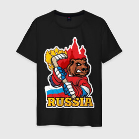 Мужская футболка хлопок с принтом Хоккей. Вперед Россия! в Белгороде, 100% хлопок | прямой крой, круглый вырез горловины, длина до линии бедер, слегка спущенное плечо. | Тематика изображения на принте: hockey | russia | клюшка | краснаямашина | россия | сборная | хоккей | шайба
