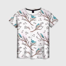 Женская футболка 3D с принтом Птички весной на ветках Сакуры в Белгороде, 100% полиэфир ( синтетическое хлопкоподобное полотно) | прямой крой, круглый вырез горловины, длина до линии бедер | bird | birds | branch | cherry blossom | japan | japanese | pattern | plum | sakura | spring | tree | весна | ветки | вишня | дерево | дрозды | на ветках | паттерн | птица | синий дрозд | слива | узор | ханами | цветение сакуры | япония
