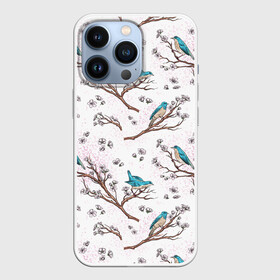 Чехол для iPhone 13 Pro с принтом Птички весной на ветках Сакуры в Белгороде,  |  | bird | birds | branch | cherry blossom | japan | japanese | pattern | plum | sakura | spring | tree | весна | ветки | вишня | дерево | дрозды | на ветках | паттерн | птица | синий дрозд | слива | узор | ханами | цветение сакуры | япония