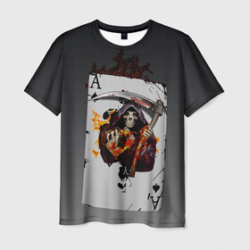 Мужская футболка 3D с принтом Game of Death в Белгороде, 100% полиэфир | прямой крой, круглый вырез горловины, длина до линии бедер | dark | death | skelet | skeleton | skull | игральные карты | карты | козырь | мрачная | огонь | пламя | скелет | скелетон | туз | череп | черепушка
