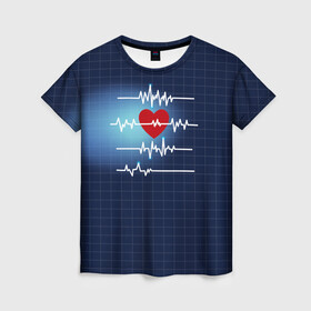 Женская футболка 3D с принтом Ритм Сердца в Белгороде, 100% полиэфир ( синтетическое хлопкоподобное полотно) | прямой крой, круглый вырез горловины, длина до линии бедер | heart | love | врачу | доктору | кардиолог | медбрат | медику | медицина | медсестра | подарок | пульс | сердце | скорая помощь