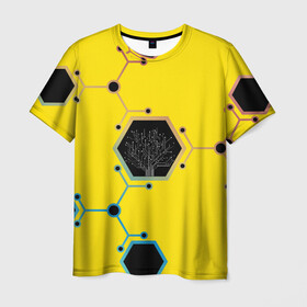 Мужская футболка 3D с принтом Cyborg Q в Белгороде, 100% полиэфир | прямой крой, круглый вырез горловины, длина до линии бедер | chip | geometry | дерево | киборг | нейросеть | схема