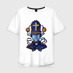 Мужская футболка хлопок Oversize с принтом Пастыри андроид в Белгороде, 100% хлопок | свободный крой, круглый ворот, “спинка” длиннее передней части | андроид | крест | меха | пастырь | робо | священник | стимпанк