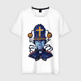 Мужская футболка хлопок с принтом Пастыри андроид в Белгороде, 100% хлопок | прямой крой, круглый вырез горловины, длина до линии бедер, слегка спущенное плечо. | андроид | крест | меха | пастырь | робо | священник | стимпанк
