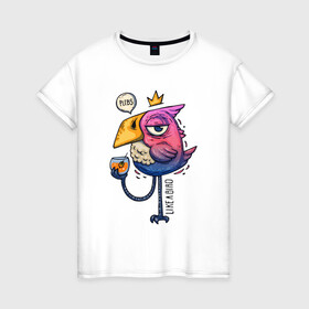 Женская футболка хлопок с принтом Светская птица в Белгороде, 100% хлопок | прямой крой, круглый вырез горловины, длина до линии бедер, слегка спущенное плечо | Тематика изображения на принте: градиент | коктейль | корона | попугай | птица