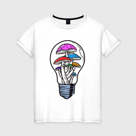 Женская футболка хлопок с принтом Грибы в лампочке в Белгороде, 100% хлопок | прямой крой, круглый вырез горловины, длина до линии бедер, слегка спущенное плечо | грибы | лампочка | мухоморы | патрон | поганки