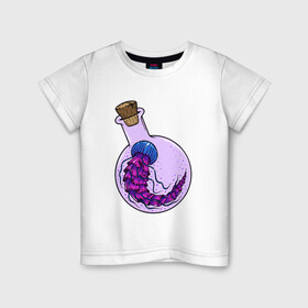 Детская футболка хлопок с принтом Лабораторная медуза в Белгороде, 100% хлопок | круглый вырез горловины, полуприлегающий силуэт, длина до линии бедер | колба | лабораторная | медуза | пробирка | тропическая | щупальце