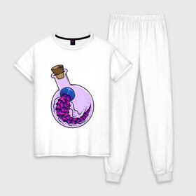 Женская пижама хлопок с принтом Лабораторная медуза в Белгороде, 100% хлопок | брюки и футболка прямого кроя, без карманов, на брюках мягкая резинка на поясе и по низу штанин | колба | лабораторная | медуза | пробирка | тропическая | щупальце