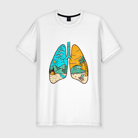 Мужская футболка хлопок Slim с принтом Дыхание свободы в Белгороде, 92% хлопок, 8% лайкра | приталенный силуэт, круглый вырез ворота, длина до линии бедра, короткий рукав | горы | дыхание | легкие | море | небо | облака | палатка | пальма | туризм