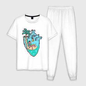 Мужская пижама хлопок с принтом Лето в сердце в Белгороде, 100% хлопок | брюки и футболка прямого кроя, без карманов, на брюках мягкая резинка на поясе и по низу штанин
 | лето | отдых | пальма | пляж | сердце | серфинг | солнце