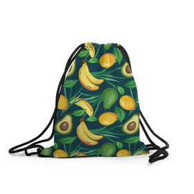 Рюкзак-мешок 3D с принтом Фрукты в Белгороде, 100% полиэстер | плотность ткани — 200 г/м2, размер — 35 х 45 см; лямки — толстые шнурки, застежка на шнуровке, без карманов и подкладки | avokado | авокадо | бананы | лимоны | фрукты