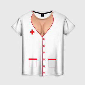 Женская футболка 3D с принтом Халат медсестры в Белгороде, 100% полиэфир ( синтетическое хлопкоподобное полотно) | прямой крой, круглый вырез горловины, длина до линии бедер | аниме | врач | грудь | доктор | красный | крест | медик | медицинский | медсестрички | японская