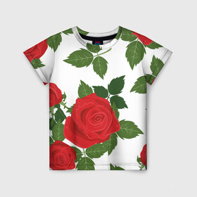 Детская футболка 3D с принтом Большие розы в Белгороде, 100% гипоаллергенный полиэфир | прямой крой, круглый вырез горловины, длина до линии бедер, чуть спущенное плечо, ткань немного тянется | арт | белый | большие бутоны | большие розы | большой бутон | зелёный | красная роза | красные розы | красные цветы | красный | красный цветок | листок | листья | поле | поле цветов | рисунок | роза