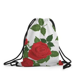 Рюкзак-мешок 3D с принтом Большие розы в Белгороде, 100% полиэстер | плотность ткани — 200 г/м2, размер — 35 х 45 см; лямки — толстые шнурки, застежка на шнуровке, без карманов и подкладки | арт | белый | большие бутоны | большие розы | большой бутон | зелёный | красная роза | красные розы | красные цветы | красный | красный цветок | листок | листья | поле | поле цветов | рисунок | роза