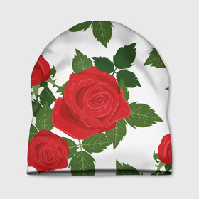 Шапка 3D с принтом Большие розы в Белгороде, 100% полиэстер | универсальный размер, печать по всей поверхности изделия | Тематика изображения на принте: арт | белый | большие бутоны | большие розы | большой бутон | зелёный | красная роза | красные розы | красные цветы | красный | красный цветок | листок | листья | поле | поле цветов | рисунок | роза