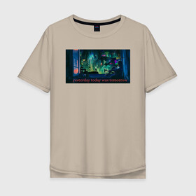 Мужская футболка хлопок Oversize с принтом Кибер в Белгороде, 100% хлопок | свободный крой, круглый ворот, “спинка” длиннее передней части | девушка | киберпанк | неоновый город | окно | фантастика | футуризм