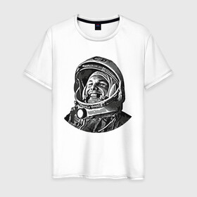 Мужская футболка хлопок с принтом Поехали Ю.Г. в Белгороде, 100% хлопок | прямой крой, круглый вырез горловины, длина до линии бедер, слегка спущенное плечо. | moon | арт | гагарин | день космонавтики | звезды | космонавт | космос | лого | луна | небо | планеты