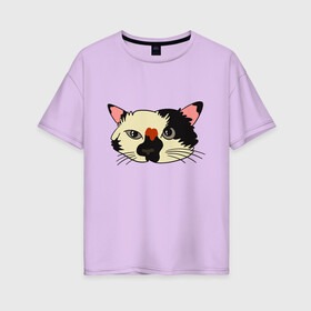 Женская футболка хлопок Oversize с принтом Милая мордочка сердитого кота в Белгороде, 100% хлопок | свободный крой, круглый ворот, спущенный рукав, длина до линии бедер
 | Тематика изображения на принте: art | cat | cat face | cats | cute | grumpy | home | kawaii | kitten | kitty | pussycat | арт | кавайи | котейка | котёнок | котик | котяра | кошечка | кошка | лицо | милота | моська | рисунок | смешные животные | сны | сон | устав