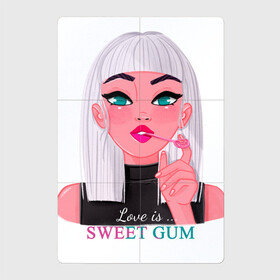 Магнитный плакат 2Х3 с принтом Love is sweet gum в Белгороде, Полимерный материал с магнитным слоем | 6 деталей размером 9*9 см | девушка | девушка блондинка | девушка с жвачкой | жвачка | платиновый блонд | яркие цвета | яркий образ