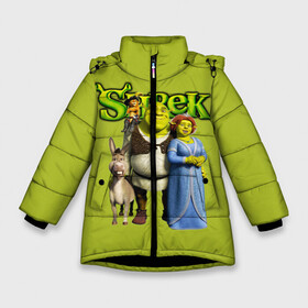 Зимняя куртка для девочек 3D с принтом Шрек/Shrek в Белгороде, ткань верха — 100% полиэстер; подклад — 100% полиэстер, утеплитель — 100% полиэстер. | длина ниже бедра, удлиненная спинка, воротник стойка и отстегивающийся капюшон. Есть боковые карманы с листочкой на кнопках, утяжки по низу изделия и внутренний карман на молнии. 

Предусмотрены светоотражающий принт на спинке, радужный светоотражающий элемент на пуллере молнии и на резинке для утяжки. | Тематика изображения на принте: cartoon | fiona | shrek | болото | детям | комедия | кот в сапогах | мультик | огр | осел | персонажи мультфильмов | тролль | фиона | шрек