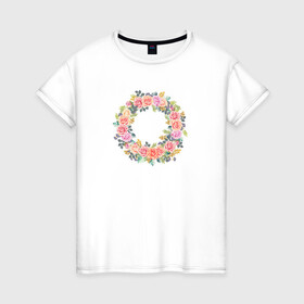 Женская футболка хлопок с принтом Цветочный Венок в Белгороде, 100% хлопок | прямой крой, круглый вырез горловины, длина до линии бедер, слегка спущенное плечо | растение | рисунок | розы | цветочный венок | цветы