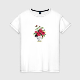 Женская футболка хлопок с принтом Розы в вазе в Белгороде, 100% хлопок | прямой крой, круглый вырез горловины, длина до линии бедер, слегка спущенное плечо | ваза | растение | рисунок | розы | розы в вазе | цветы