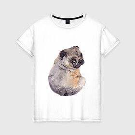 Женская футболка хлопок с принтом Мопс в Белгороде, 100% хлопок | прямой крой, круглый вырез горловины, длина до линии бедер, слегка спущенное плечо | животные | мопс | питомцы | собака | собаки