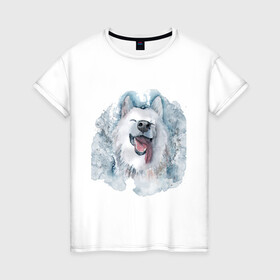 Женская футболка хлопок с принтом Самоед в Белгороде, 100% хлопок | прямой крой, круглый вырез горловины, длина до линии бедер, слегка спущенное плечо | Тематика изображения на принте: животные | лайка | питомцы | самоед | самоедская лайка | собака | собаки