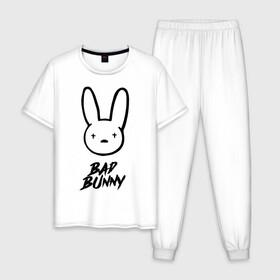 Мужская пижама хлопок с принтом Bad Bunny лого в Белгороде, 100% хлопок | брюки и футболка прямого кроя, без карманов, на брюках мягкая резинка на поясе и по низу штанин
 | bad bunny | benito antonio martnez ocasio | hip hop | latin trap | logo | music | rap | rnb | singer | star | бенито антонио мартинес окасио | звезда | латинский трэп | логотип | музыка | певец | рнб | рэп | хип хоп
