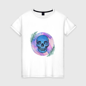 Женская футболка хлопок с принтом Акварель в Белгороде, 100% хлопок | прямой крой, круглый вырез горловины, длина до линии бедер, слегка спущенное плечо | акварель | краски | принт | растения | цветы | череп