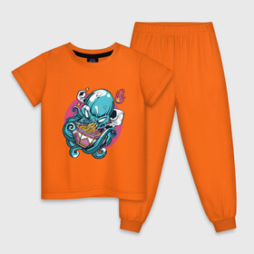 Детская пижама хлопок с принтом Anime Octopus eating Ramen в Белгороде, 100% хлопок |  брюки и футболка прямого кроя, без карманов, на брюках мягкая резинка на поясе и по низу штанин
 | Тематика изображения на принте: anime | cook | fish | food | japan | kanji | kraken | manga | octopus | ramen | волны | еда | кандзи | катакана | кок | лапша | море | надписи | океан | осьминог | палочки | повар | рыба | символы | хирагана | япония | японские иероглифы
