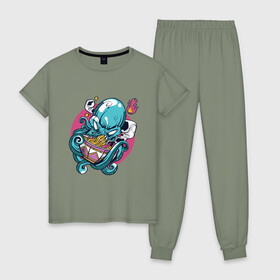 Женская пижама хлопок с принтом Anime Octopus eating Ramen в Белгороде, 100% хлопок | брюки и футболка прямого кроя, без карманов, на брюках мягкая резинка на поясе и по низу штанин | Тематика изображения на принте: anime | cook | fish | food | japan | kanji | kraken | manga | octopus | ramen | волны | еда | кандзи | катакана | кок | лапша | море | надписи | океан | осьминог | палочки | повар | рыба | символы | хирагана | япония | японские иероглифы