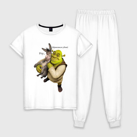 Женская пижама хлопок с принтом Shrek-Donkey в Белгороде, 100% хлопок | брюки и футболка прямого кроя, без карманов, на брюках мягкая резинка на поясе и по низу штанин | Тематика изображения на принте: dreamworks | shrek | арт | лого | мультфильм | постер | шрек