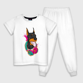 Детская пижама хлопок с принтом Доберман меломан в Белгороде, 100% хлопок |  брюки и футболка прямого кроя, без карманов, на брюках мягкая резинка на поясе и по низу штанин
 | доберман | животное | меломан | музыка | наушники | собака | хипстер