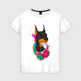 Женская футболка хлопок с принтом Доберман меломан в Белгороде, 100% хлопок | прямой крой, круглый вырез горловины, длина до линии бедер, слегка спущенное плечо | доберман | животное | меломан | музыка | наушники | собака | хипстер