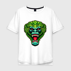 Мужская футболка хлопок Oversize с принтом Злая зеленая обезьяна в Белгороде, 100% хлопок | свободный крой, круглый ворот, “спинка” длиннее передней части | агрессия | зеленая | злая | зубы | обезьяна | оскал