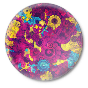 Значок с принтом PINK FLOW в Белгороде,  металл | круглая форма, металлическая застежка в виде булавки | flower | pink | yellow | круги | цветы
