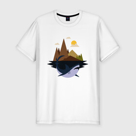 Мужская футболка хлопок Slim с принтом Abstract Geometry Shark Island в Белгороде, 92% хлопок, 8% лайкра | приталенный силуэт, круглый вырез ворота, длина до линии бедра, короткий рукав | Тематика изображения на принте: art | fish | geometric print | minimal | minimalism | minimalist | mountains | абстрактный принт | абстрактный рисунок | абстракция | акула | акулий остров | акулы | арт | геометрический принт | геометрический рисунок | горы